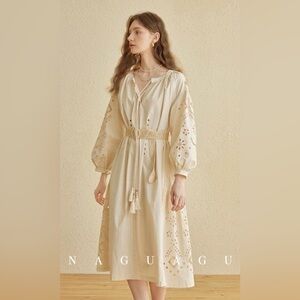 Cream Embroidered Midi Dress